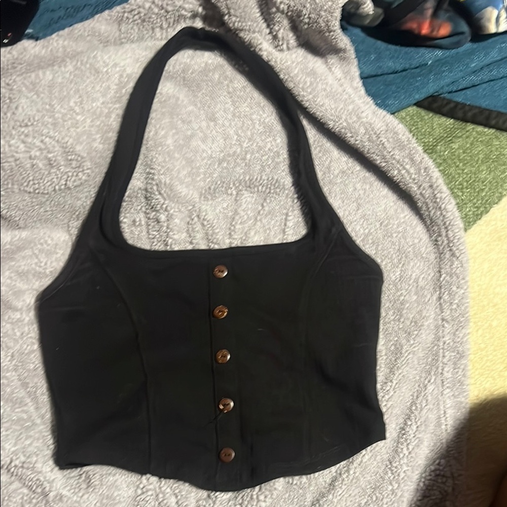 Black Halter Top with Button Detail